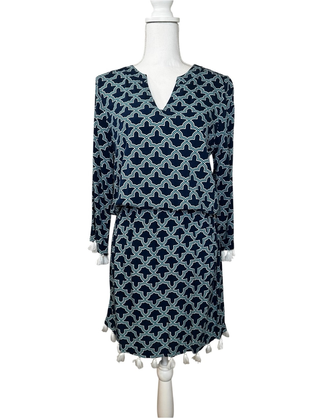 Navy and White Geometric Tassel-Trim Dress Elastic Waist, Escapada Living, M